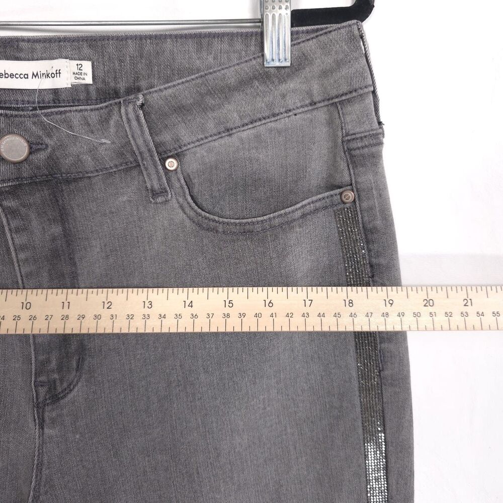 RM REBECCA MINKOF NWOT Gray Stretch Flare Bootcut Jeans Side Stripe Metallic 12 - Picture 6 of 13